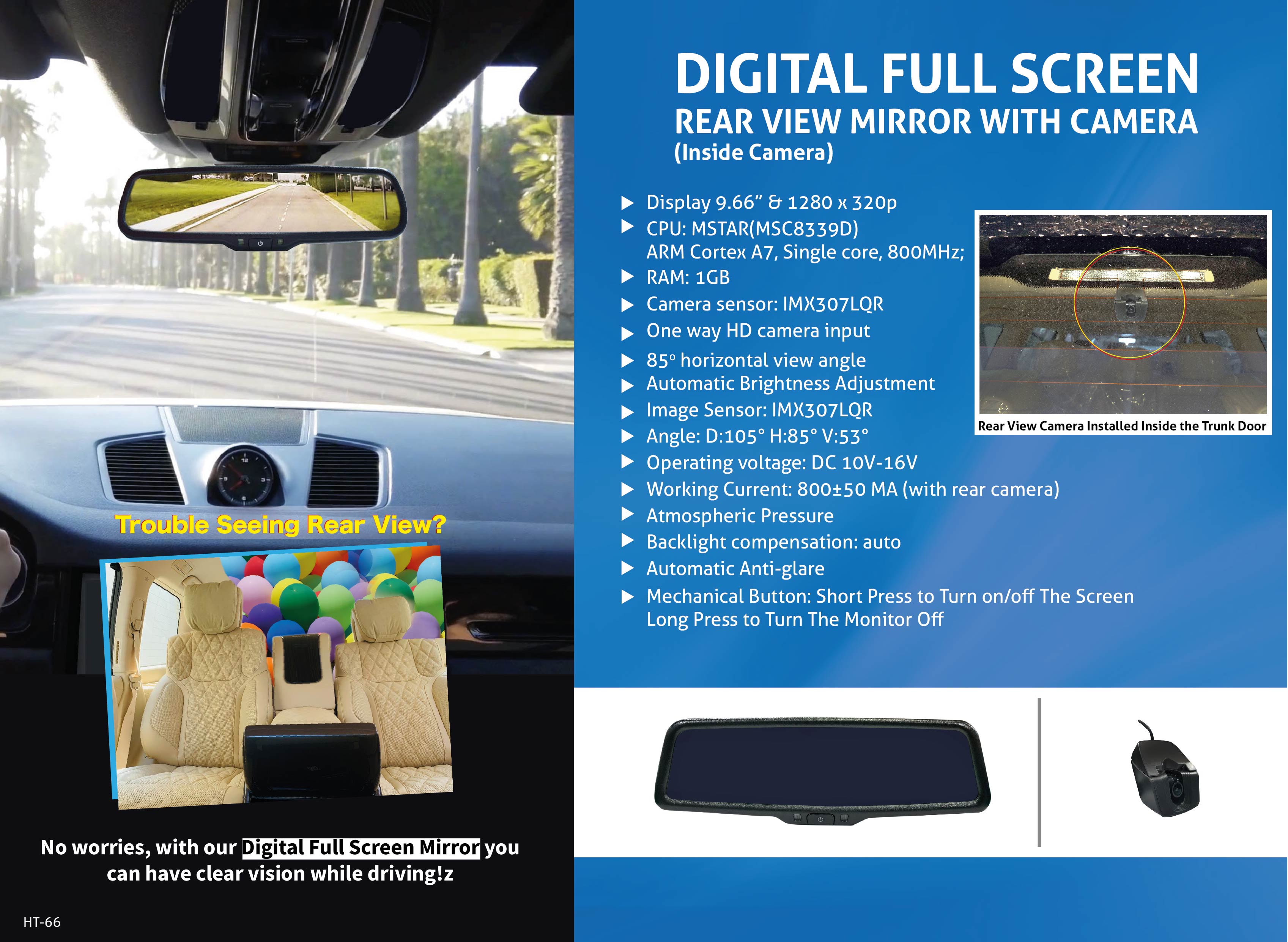 HT-66 9.66" DIGITAL FULL SCREEN REAR VIEW MIRROR WITH CAMERA