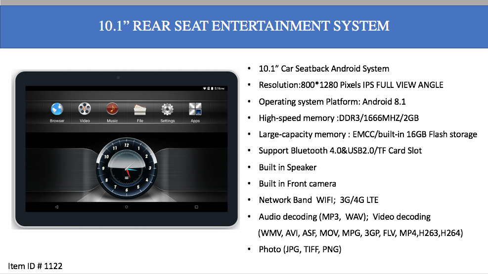 1122 10.1" UNIVERSAL ANDROID HEADREST MONITOR WITH 1/8G